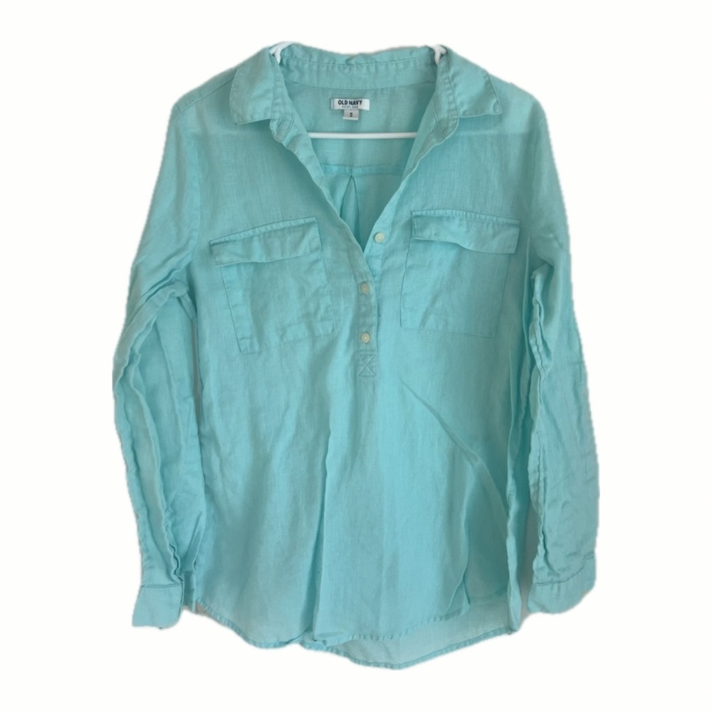 Old Navy Linen Blend Button Front Utility Shirt Aqua Blue Size M